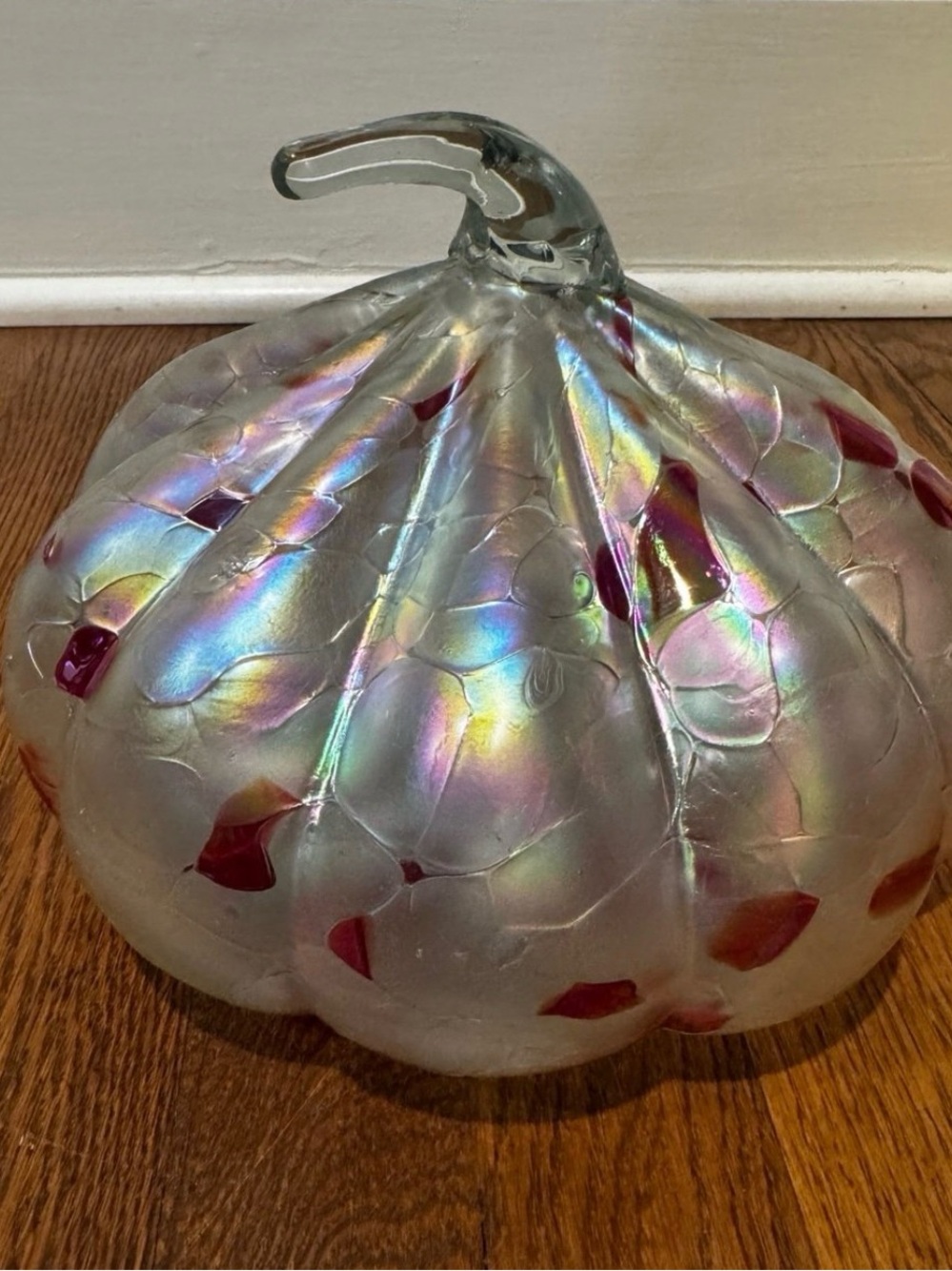 Iridized Glass Pumpkin Sculpture with Raspberry Accents